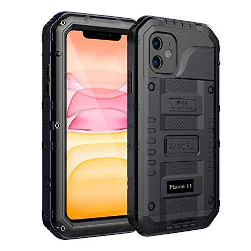 Beasyjoy for iPhone 11 Metal Waterproof Case - Heavy Duty Shockproof Dustproof Rugged Defender Built-in Screen Outdoor Protection (Black)