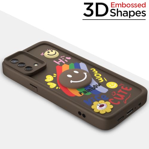 Image of Pikkme Back Cover for Oppo F19 / F19s | Soft Silicone| Cute Rainbow Smile & 3D Cartoon Flower Design | Shockproof Raised Camera Protection Bumper Case (Brown)