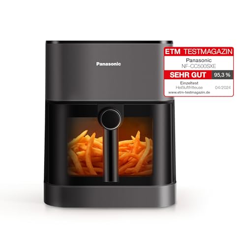 Panasonic NF-CC500SXE Air Fryer mit Sichtfenster, 5 l, 80–200 °C, ETM Award 2024, digitaler Timer & LCD-Display, sanfte Dampfzugabe, 11 Voreinstellungen, einfache Reinigung, Mattgrau