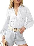 Dokotoo Long Sleeve Button Down Shirts for Women V Neck T Tshirts Womens Fall Tops 2024 Teacher Outfits Business Dressy Casual Embroidered Lace Tops for Women Eyelet Cute Blouses White