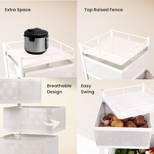 Image of KITCHIVO Kitchen Storage Rack | Revolving Vegetable Rack | Square Multipurpose Storage Trolley with Wheels | Metal Fruit Rack (White, 5 Layer)