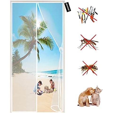 Magnetic Fly Screen Door 110 x 205 cm with Powerful Magnets and Full Frame Magic Tape - Heavy Duty Bug Mesh Curtain - Insect Protection Door No Gap - Keep Bugs Out & Let Fresh Air in - White A Cover