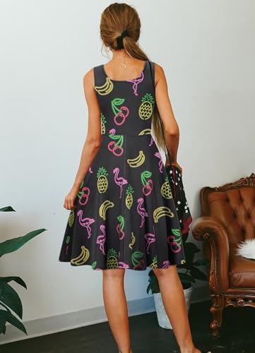 Image of uideazone Women Funny Print Sleeveless U Neck A Line Casual Midi Dress | Soft Stretchy Breathable Fabric Flared Swing Sundress Fitted Waist for Daily Wear 80 /90s Themed Party Beach Vacation Trips
