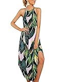 OMZIN Womens Summer Casual Long Cotton Side Slit Halter Maxi Lightweight Beach Dress Leaf M