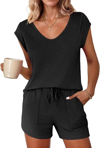 Ekouaer Schlafanzug Damen Kurz Pyjama Baumwolle Ärmellos Pyjamas Set Nachtwäsche Zweiteiliger mit Shorty Pyjamahose und V Aussschnitt Shirt Elastischer Bund Taschen Sleepwear für Sommer Schwarz XL