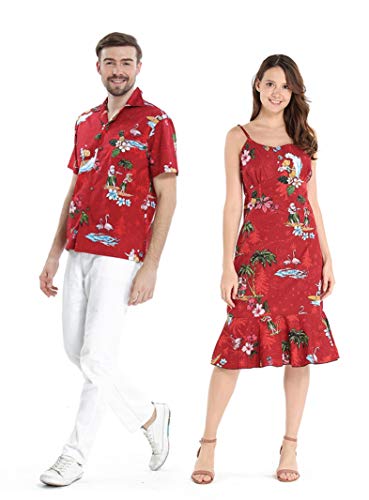 Couple Matching Hawaiian Luau Cruise Outfit Shirt Mermaid Dress Christmas Santa in Hawaii Red