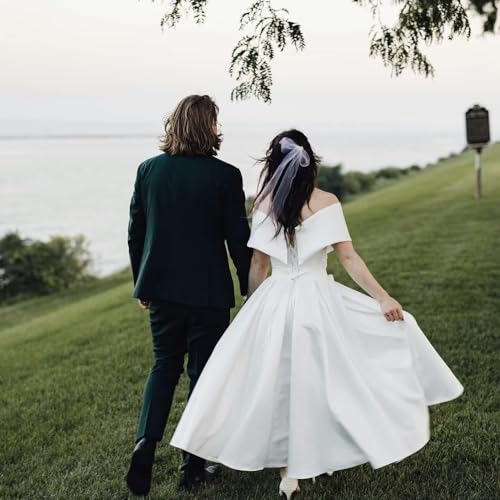 Image of Women's Off Shoulder Wedding Dress for Bride Tea Length A Line Satin Formal Prom Dresses with Pockets
