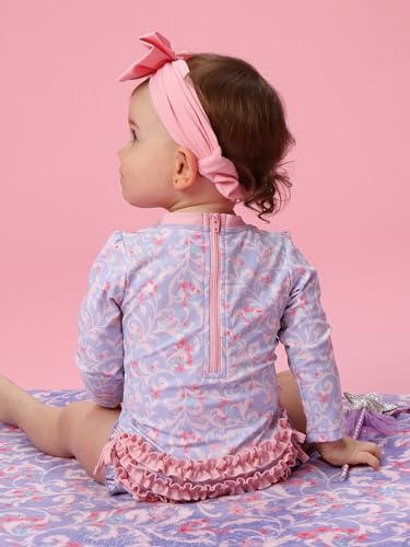 Image of RuffleButts Baby Girls UPF 50+ Sun Protection Floral Printed Long Sleeve One Piece Rash Guard Swimsuit with Zipper