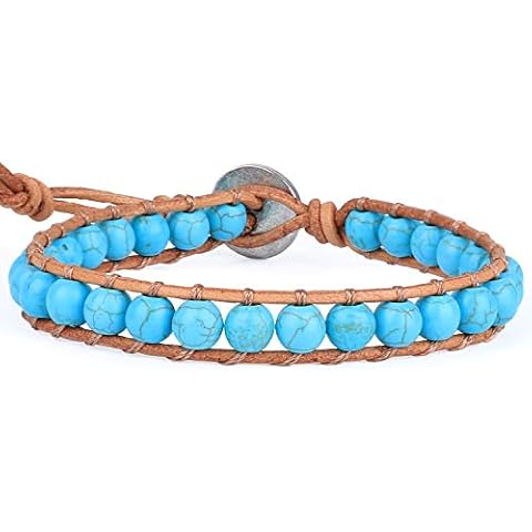 KELITCH Natural Leather Wrap Bracelet Agate Crystal Skull Mix Beaded Bracelet for Women Men Strand Bracelets New (Blue 5A) Cover