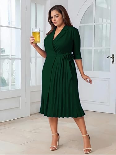Image of Hostoyo Women's Plus Size Pleated Midi Dress Comfortable Suit Collar 3 /4 Sleeve Belted Casual Formal Work Church