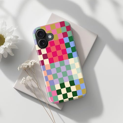 Image of Goodon for iPhone 16 Plus Case Cute - Wireless Charging Compatible - Dual-Layer Hard Shell + Silicone Cover - Protective Phone Case with Trendy Designs for Women - Patchwork Checkerboard
