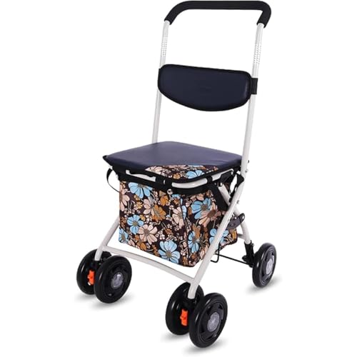 Emidor ショッピングカート 手押し歩行器 座れます 折りたたみ式 アルミ製 軽量 耐荷重90kg 高さ調節可能 自立式 紛失防止 ウォーキング ショッピング 買い物に最適 (フットブレーキです)