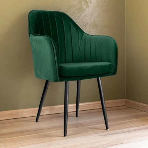Image of Velvet Accent Chair | Luxury Upholstered Armchair with Sturdy Metal Legs | Modern Comfortable Chair for Living Room, Bedroom, Office, or Cafe (Black Legs, Green)