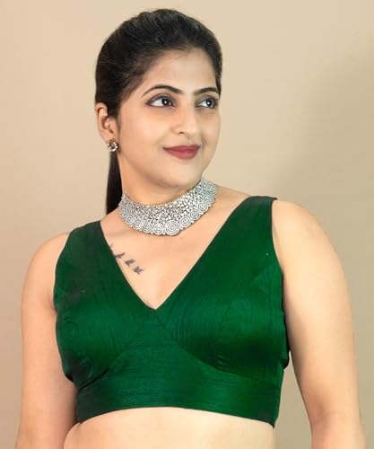 Image of FIGURE'S DESIGNER Women's Dupion Raw Silk Sleeveless V Neck Sabyasachi Cut Readymade Saree Blouse Padded Stitched S4