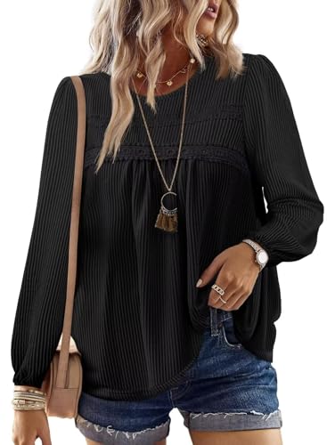 Womens Fall Tops Crewneck Long Sleeve Striped Shirts Dressy Casual Ribbed Blouses Flowy Hem Boho Clothing 2025