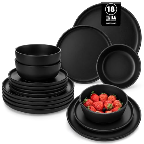 Geschirrset 6 Personen, vancasso PLAYA Steingut Geschirr set 18tlg für 6 Personen, Schwarz Tafelservice mit Teller set, Schalen & Salattellern, Spülmaschinenfest, Mikrowellengeeignet