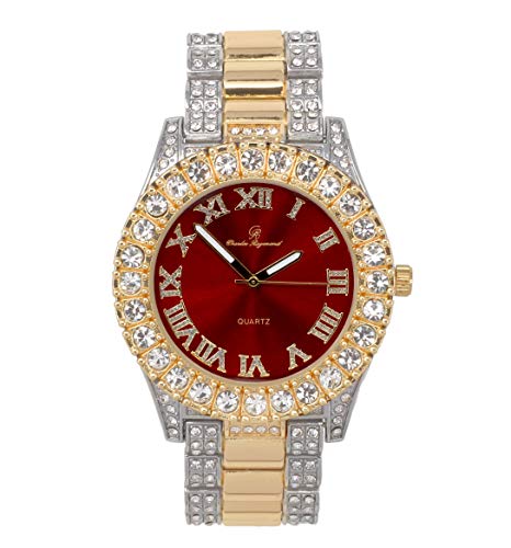 Bling-ed Out Round Metal Mens Color on Blast Silver Tone Watch with Diamond Time Indicators - Ice on Fire!!! - ST10348 (Two Tone - Red)