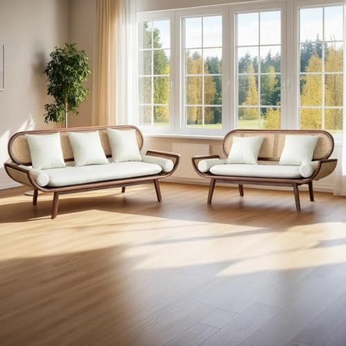Image of Modern Rattan Cane Sofa with Curved Arms Wooden Frame, Beige Cushions and Throw Pillows Sofa for Living Room, Bedroom, Hallways (3+2 Seater)
