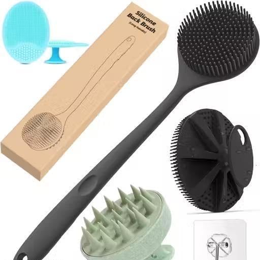 3-in-1 Soft Silicone Bath Scrubber Combo | Long Handle Back Brush + Body Scrubber + Scalp & Face Massager | Super Exfoliating & Lathering Shower Brush | BPA-Free, for Men & Women | Includes|KRI-P265-image-7