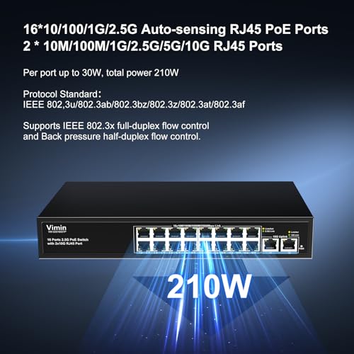 Image of 18 Port 10G /2.5G Ethernet Switch with Dual 10GBASE-T, Vimin 16 X 2.5G +2 x 10Gb RJ45 Ports Unmanaged Switch, 80Gbps Capacity, 10G Switch Desktop /Wall Mount Network Switch for NAS, PC, Wireless AP