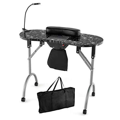 Ldaily Manicure Nail Table, Foldable Nail Technician Desk W/Electric Downdraft Vent, Bendable Led Lamp, Removable Armrest Pad, Dust Bag, Manicure Table With Lockable Wheels For Home, Salon (Black) #TOP21