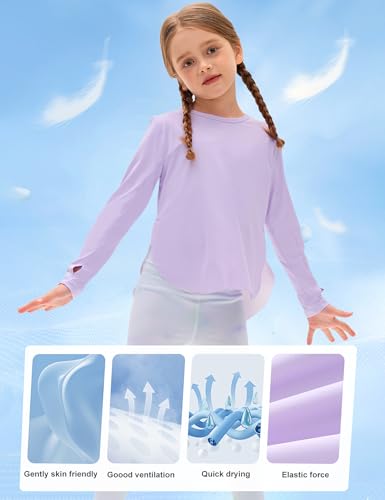 Image of Venzina Girls' Long Sleeve Workout Top with Thumbholes Quick-Dry 4-Way Stretch Moisture Wicking Shirt for Yoga, Dance, Gymnastics(Age 6-10)