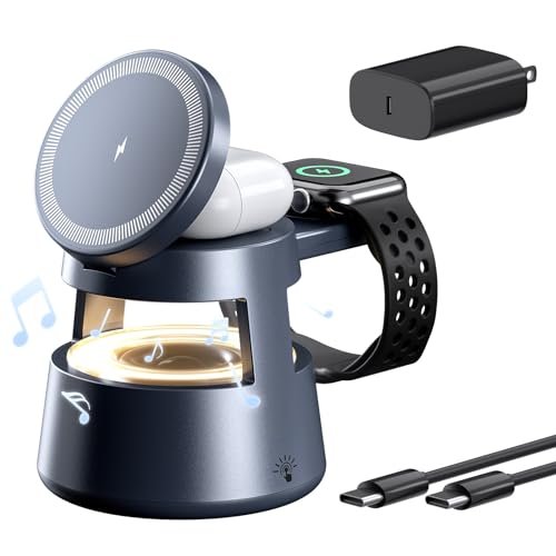 3 in 1 Charging Station,Magnetic Wireless Charger with Night Light & Speaker for Apple MagSafe Charger Stand,Foldable Nightstand Charging Station for iPhone,Airpods,Watch (20W Adapter)