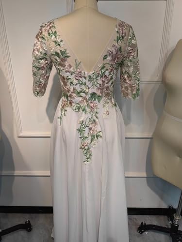 Tea Length Mother of The Bride Dresses Embroidery Chiffon Appliques Half Sleeves Formal Evening Dress A Line3