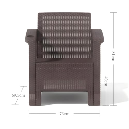 4-Seater Outdoor Sofa Set – Dark Brown Plastic Chairs with Beige Seat Cushions & Coffee Table, Weather-Resistant Patio & Garden Furniture with Built-In Cup Holders