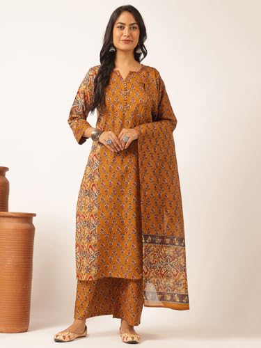 Image of Vbuyz Women's Printed & Embellished & Mirror Work Straight Cotton Stitched Kurta set | Straight Kurta Pant Dupatta | Kurta Set with Dupatta for Women | Suit Set | Ethnic Set | Printed Kurta Set