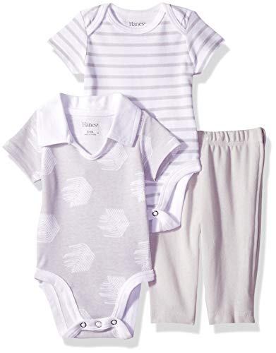 Hanes Ultimate Baby Zippin Pants with Short Sleeve Crew and Polo Bodysuit Set, Light Grey Stripe, 0-6 Months