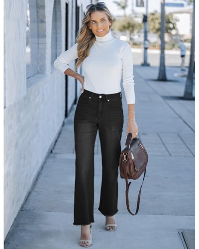 Image of GRAPENT Straight Leg Jeans for Women High Waisted Stretchy Frayed Raw Hem Loose Denim Pants Casual Baggy Jean Trousers