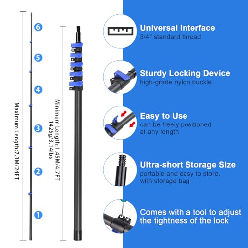 Image of DOBEN 24-Foot Carbon Fiber Window Cleaner Tool with Telescopic Extension Pole, Rotating Scrubber & Squeegee - Sturdy Lightweight Design for Indoor /Outdoor Glass Cleaning