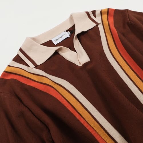 OXKNIT Mens Retor Polo Striped Brown V-Neck Knitted Shirt 1960s Mod Style Vintage Collared T Shirt3