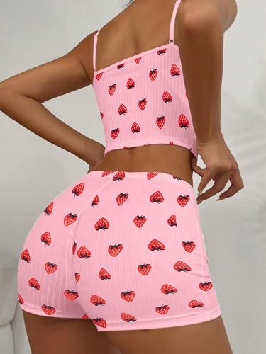 Image of Hilinker Womens Graphic 2 Piece Pajama Set Summer Cute Crop Cami and Shorts Ribbed Lounge Sets