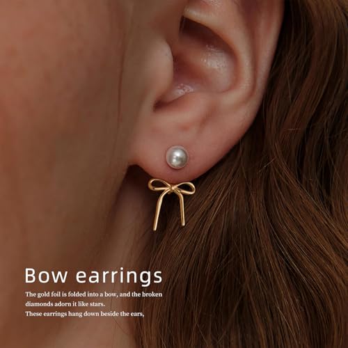 Gold Silver Pearl Earrings for Women - Hoop Earrings for Women Trendy 14K Gold Plated/Silver Twist Rope Bow Stud Bow Pearl Huggie Earring Hoops Pearls Dangle Cubic Zirconia Earring Jewelry Gift Womens4