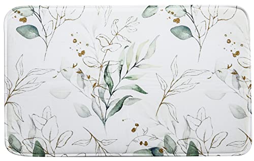 Estmy Niedlicher Badezimmerteppich, rutschfest, strapazierfähig, Gummi-Rückseite, 50.8 cm Bx78.9 cm, Grün und Kunstgold, botanischer Eukalyptusblätter, Druck, weicher, waschbar, schnell trocknend Cover