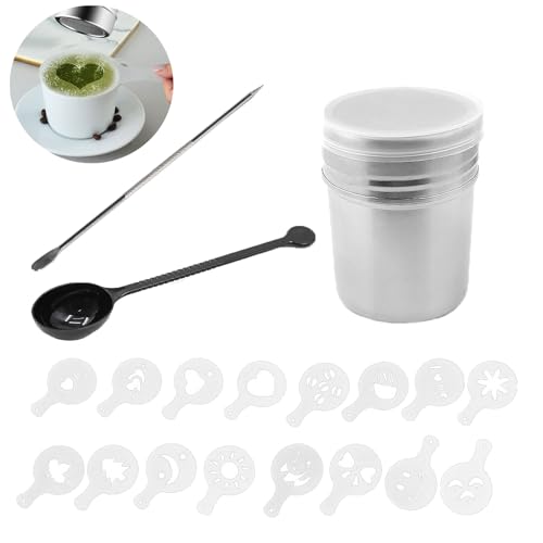UtySty Coffee Stencils and Shaker Latte Art Tool Set with Pen Spoon Coffee Maker Decoration Template Mold for Sugar Powder Canister Flower Mousse Magnoloran Cappuccino Cake