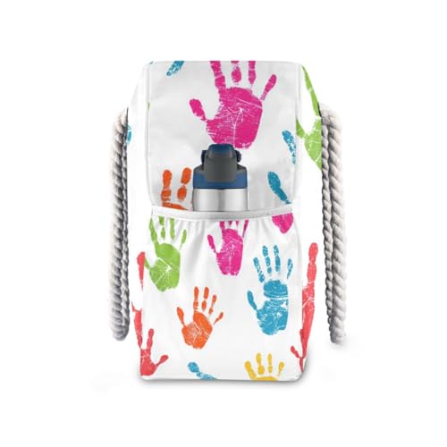 OTVEE Colorful Handprint Patterns Beach Bags for Women Ladies Large Canvas Tote Shoulder Bag Waterproof Travel Bags for Gym Swim Pool Camping3