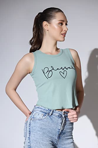 Image of OM SAI LATEST CREATION Crop Tops for Women || Ribbed Solid Chest Printed Crop Top for Girls || Text & Hart Print with Round Neck & Sleeveless Crop Top for Women || Tank Top.