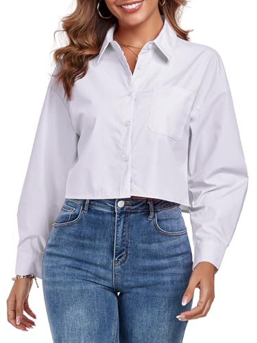 Women's Button Down Shirt Cropped Oversize Boyfriend Long Sleeve Collared Crop Loose Blouses with Pocket2