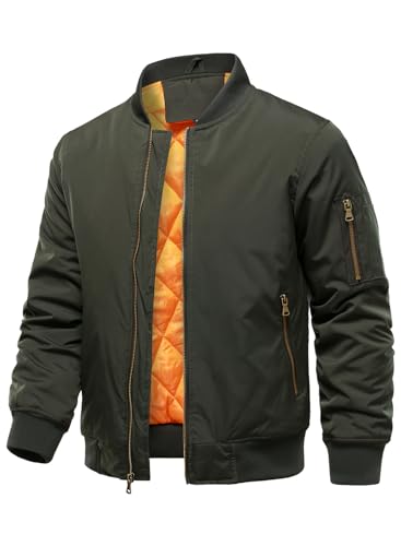 HOOD CREW Herren Bomberjacken Herbst Winter Warm Gepolsterte Jacke mit Reißverschluss Lässiges Leichte Übergangsjacke Mäntel mit Tasche Armeegrün L