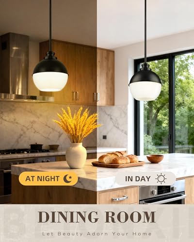 Image of Beionxii 7.3-Inch Black Pendant Light Fixture, Milk Glass Globe, Adjustable