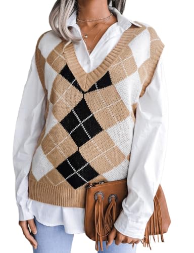 Kinghua Knit Sweater Vest Women Fall Fashion Casual V Neck Sleeveless Sweaters Checkered Y2k Cute Vest Tops