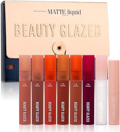 Beauty Glazed 8pcs/set,6Pcs Matte Liquid Lipstick + 1Pcs Balm + 1Pcs Lip Plumper Oil Makeup Set, Nude High Pigmented Long Lasting Waterproof Velvet Moisturize Lip Gloss Set for Girls and Women