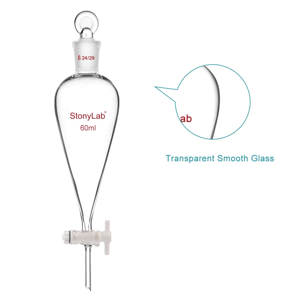 stonylab PTFE Stopcock Separatory Funnel 60 ml, Borosilicate Glass Heavy Wall Conical Pear-Shaped Funnel with 24/29 Joint