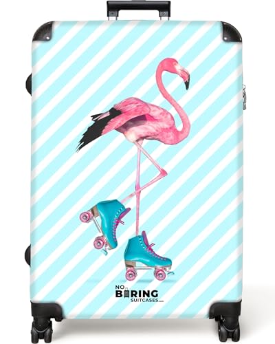 NoBoringSuitcases.com® Koffer XL Groß 77x51.5x28 cm Reisekoffer mit 4 Rollen Leicht Trolley Hartschalenkoffer Suitcase Large Muster - Streifen - Flamingo