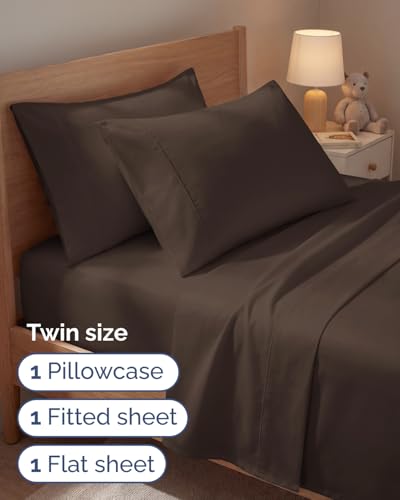 Image of Twin 4 Piece Bed Sheet Set - Comfy, Breathable & Cooling Sheets - Brown | Ultra Soft Hotel Luxury Bedding Set with 8-16 Inch Deep Pockets, 1 Flat & 1 Fitted Sheet & 2 Pillowcases, Wrinkle & Fade Free