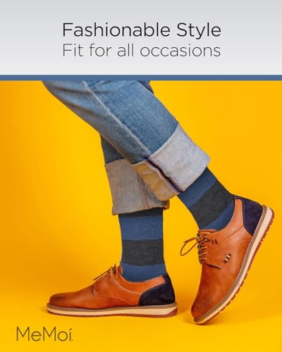 MeMoi Men's Rugby Striped Luxuriously Soft Cashmere Blend Crew Socks Med Denim Heather 10-134