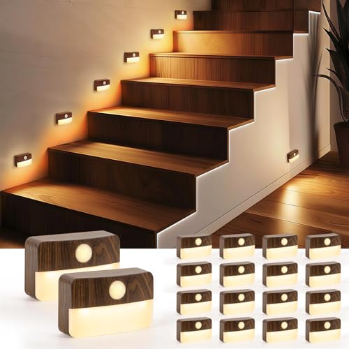 Image of Guankai 16 Pack Motion Sensor Stair Light for Indoor, Battery Operated Closet Lights, Wireless Stick on Anywhere Hallway Lamp, Portable Led Night Lamps for Bedroom Under Cabinet Kitchen, Wood Grain